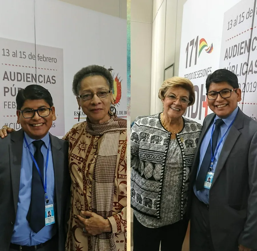 Israel Mamani Sanabria with IACHR Commissioners Margarette May Macaulay and Esmeralda Arosemena de Troitiño, Sucre, 2019